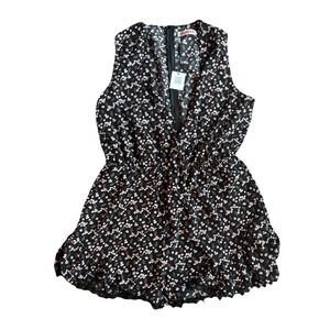 Persun Black Floral Pink Romper Shorts Faux Wrap Sleevless Elastic Waist XL New